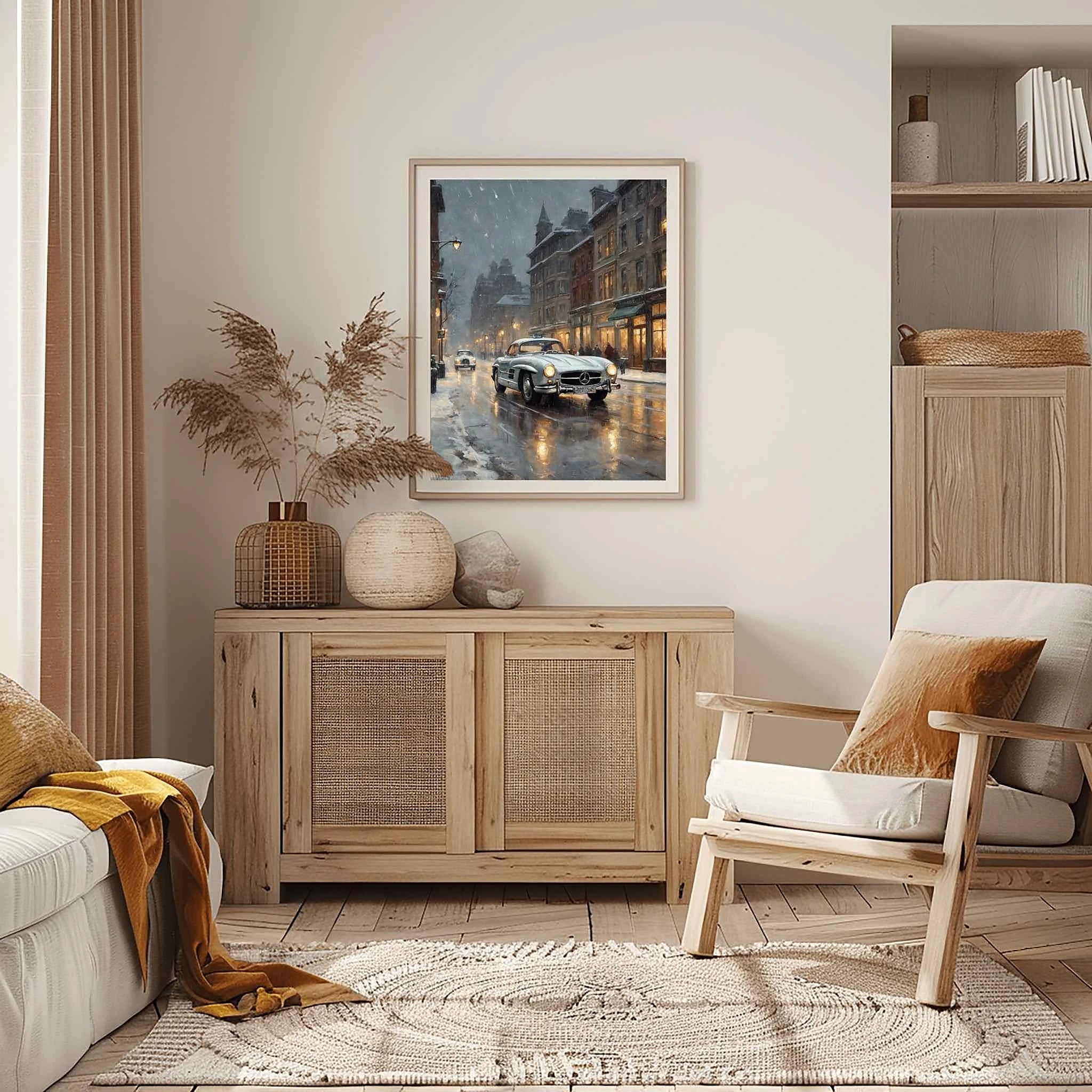 1955 German Gullwing Icon Snowy Village Wall Art | Nostalgic Winter Supercar Print