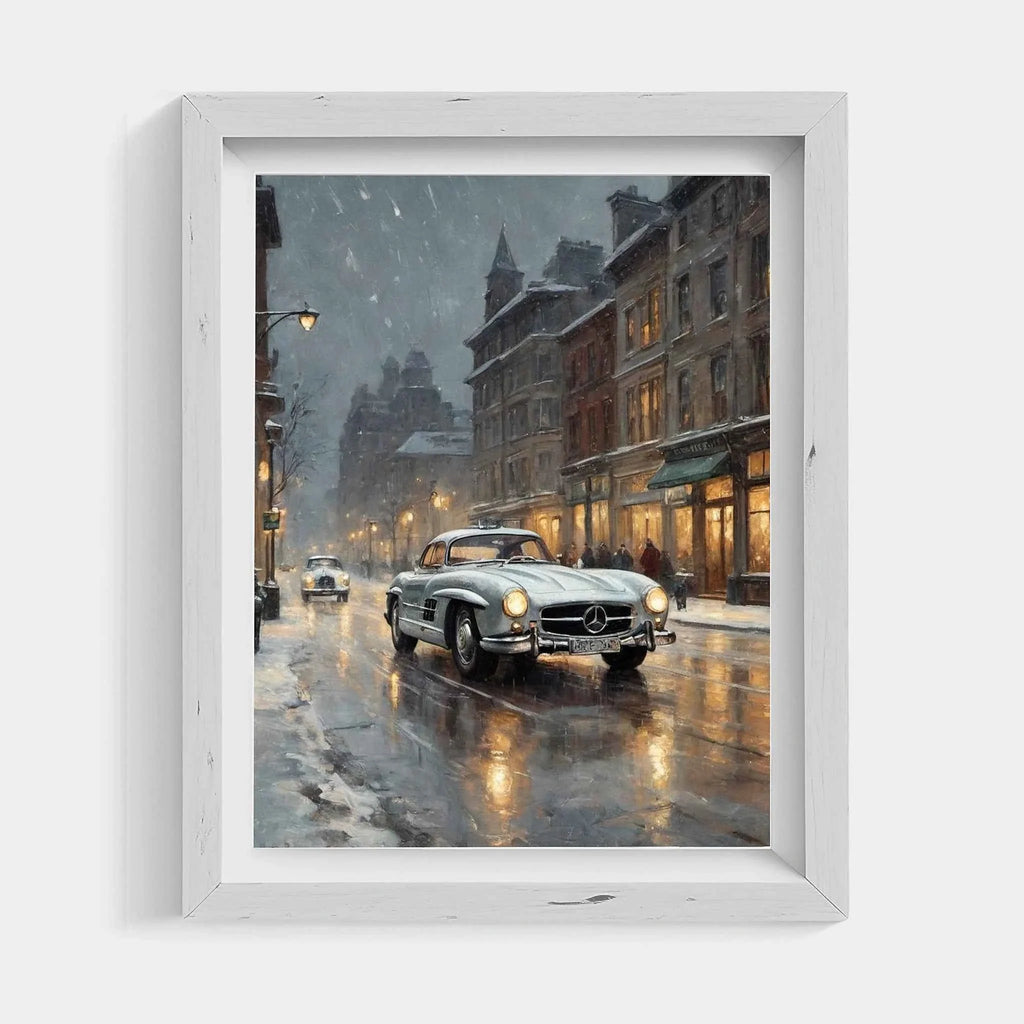 1955 German Gullwing Icon Snowy Village Wall Art | Nostalgic Winter Supercar Print