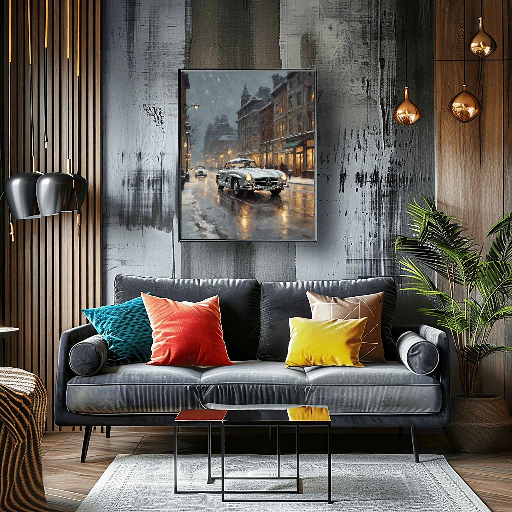1955 German Gullwing Icon Snowy Village Wall Art | Nostalgic Winter Supercar Print