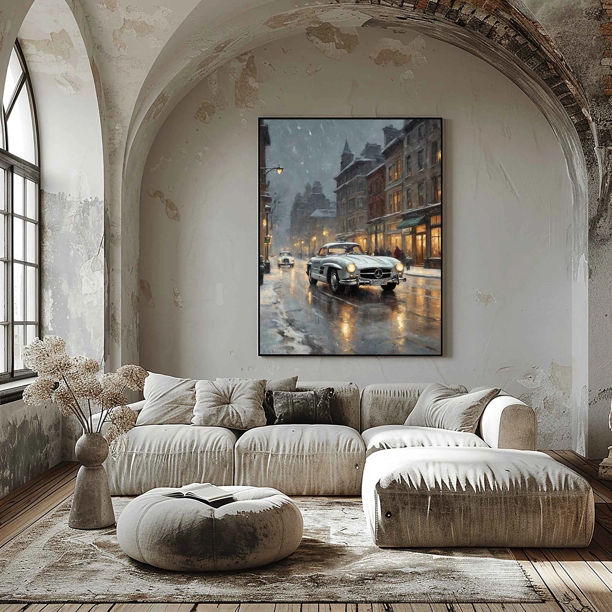 1955 German Gullwing Icon Snowy Village Wall Art | Nostalgic Winter Supercar Print