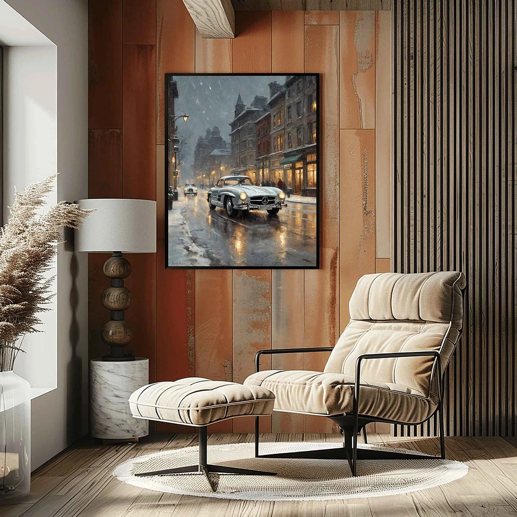 1955 German Gullwing Icon Snowy Village Wall Art | Nostalgic Winter Supercar Print