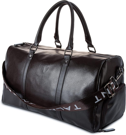 17.7 inch Gym Duffle Leather Bag with Shoe Compartment for Sports Travel - Adjustable Shoulder Strap, Weekender Travel Overnight Bag for Men