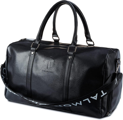 17.7 inch Gym Duffle Leather Bag with Shoe Compartment for Sports Travel - Adjustable Shoulder Strap, Weekender Travel Overnight Bag for Men