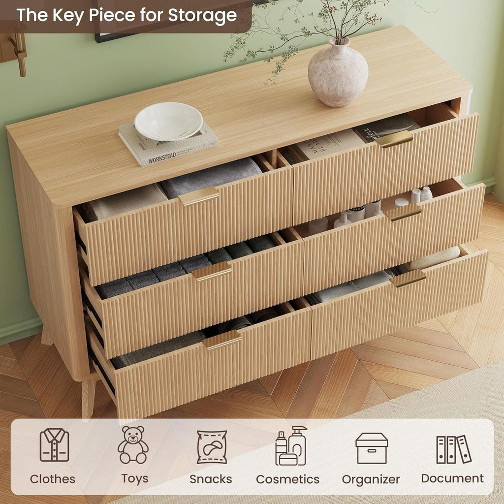 Fluted 49Inch Serpentine Dresser Oak Finish Contemporary