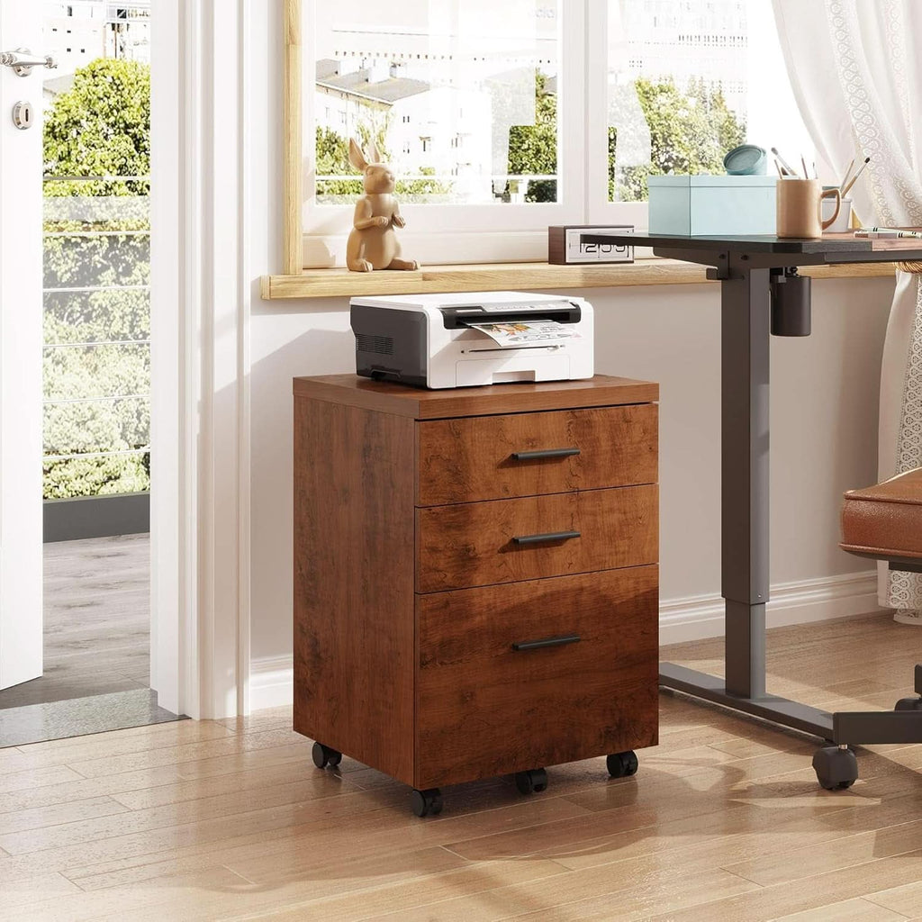 Walnut 3 Drawer File Cabinet For Home Office Under Desk With Rolling Wheels Printer Stand