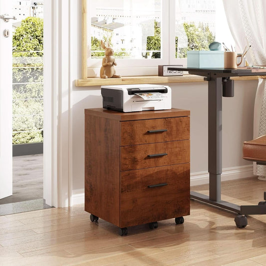 Walnut 3 Drawer File Cabinet For Home Office Under Desk With Rolling Wheels Printer Stand