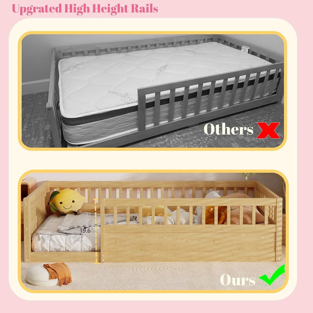 Twin Montessori Floor Bed With High Safety Rails Natural