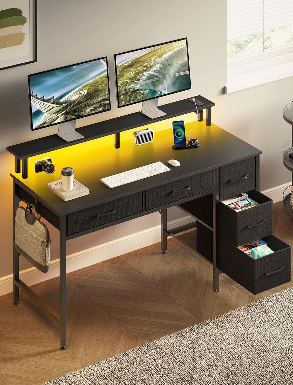 39 Inch Computer Desk With Power Outlets And LED Light