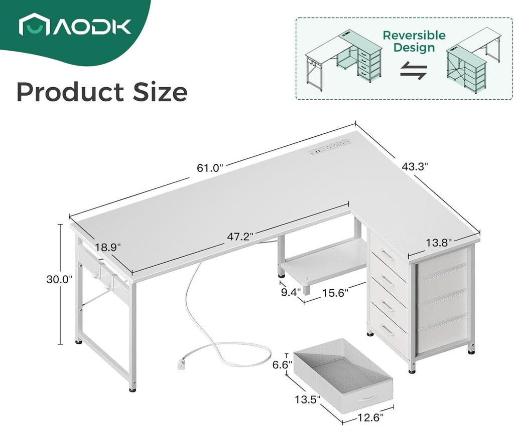 L Shaped Desk 61 Inch With USB Ports For Home Office