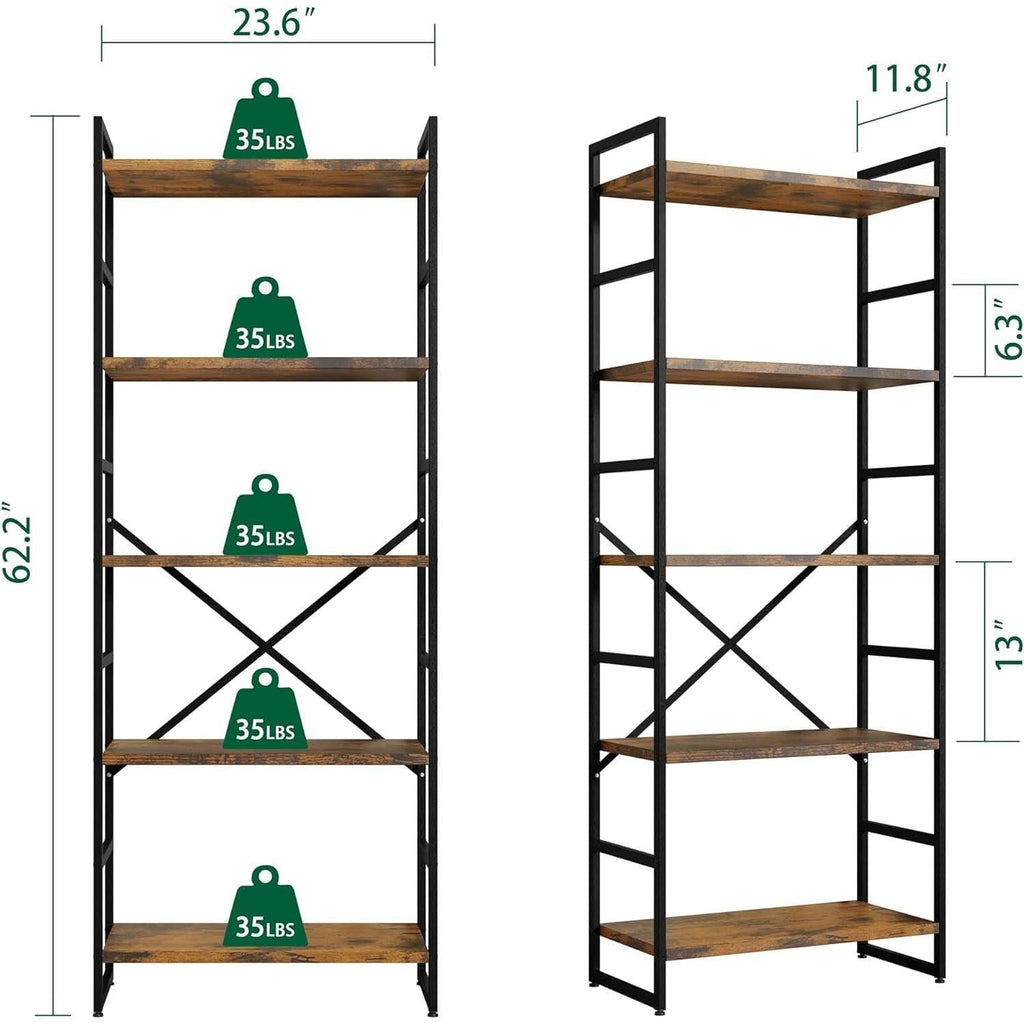 Pair Of 5 Shelf Bookcases Rustic Brown Industrial Tall