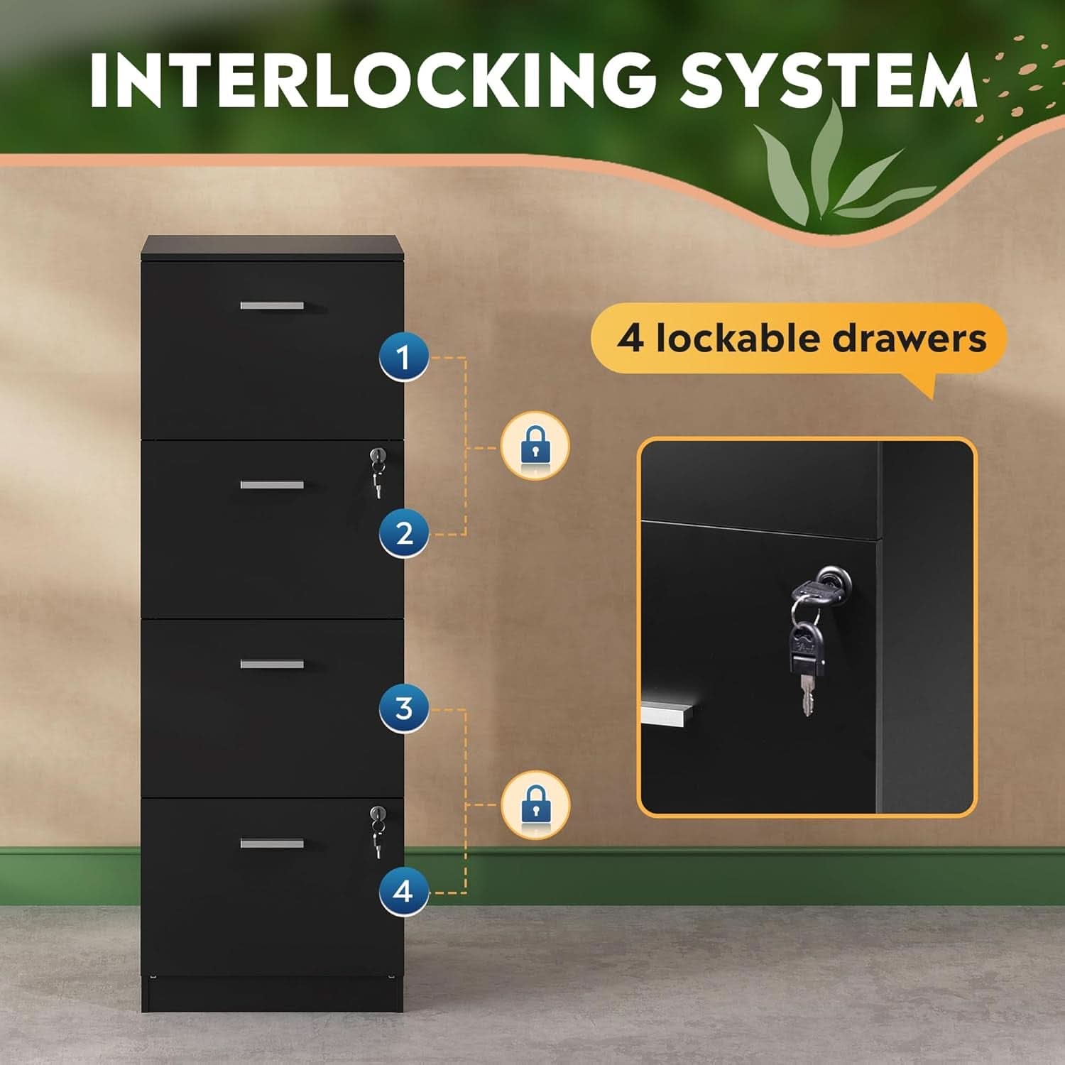 4 Drawer Locking File Cabinet For A4 And Letter Files Black Wood