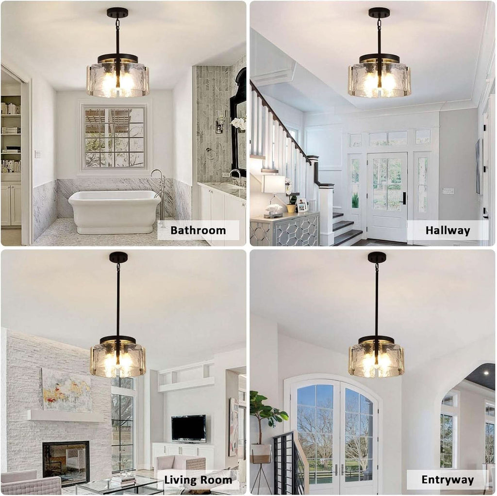Black Adjustable Farmhouse Chandelier For Dining Room With Hammered Glass
