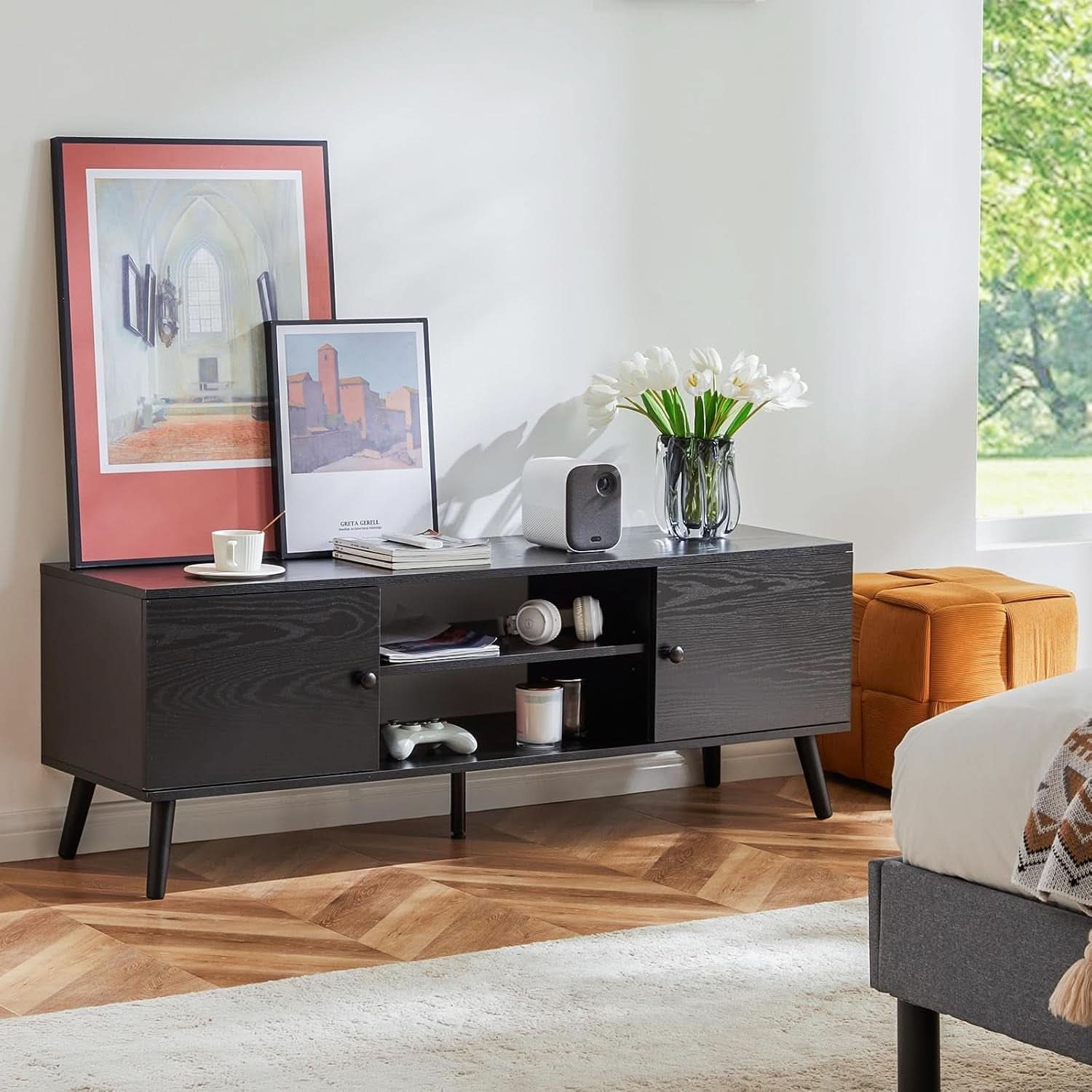 TV Stand For 55-60 Inch TVs Black With Two Cabinets Storage
