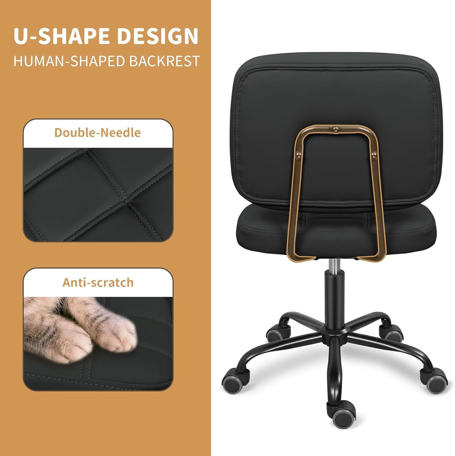 Armless Rolling Desk Chair Black Height Adjustable