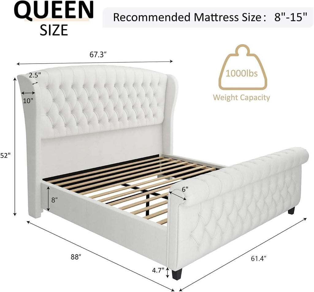 Queen Size Chenille Upholstered Sleigh Platform Bed with Button Tufted Headboard