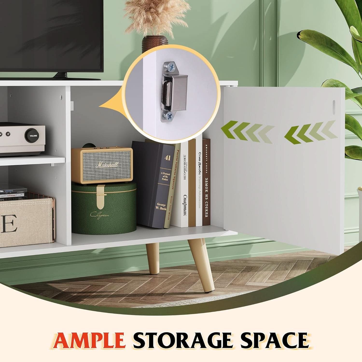 55-Inch TV Stand White Mid-Century Modern Storage Shelves