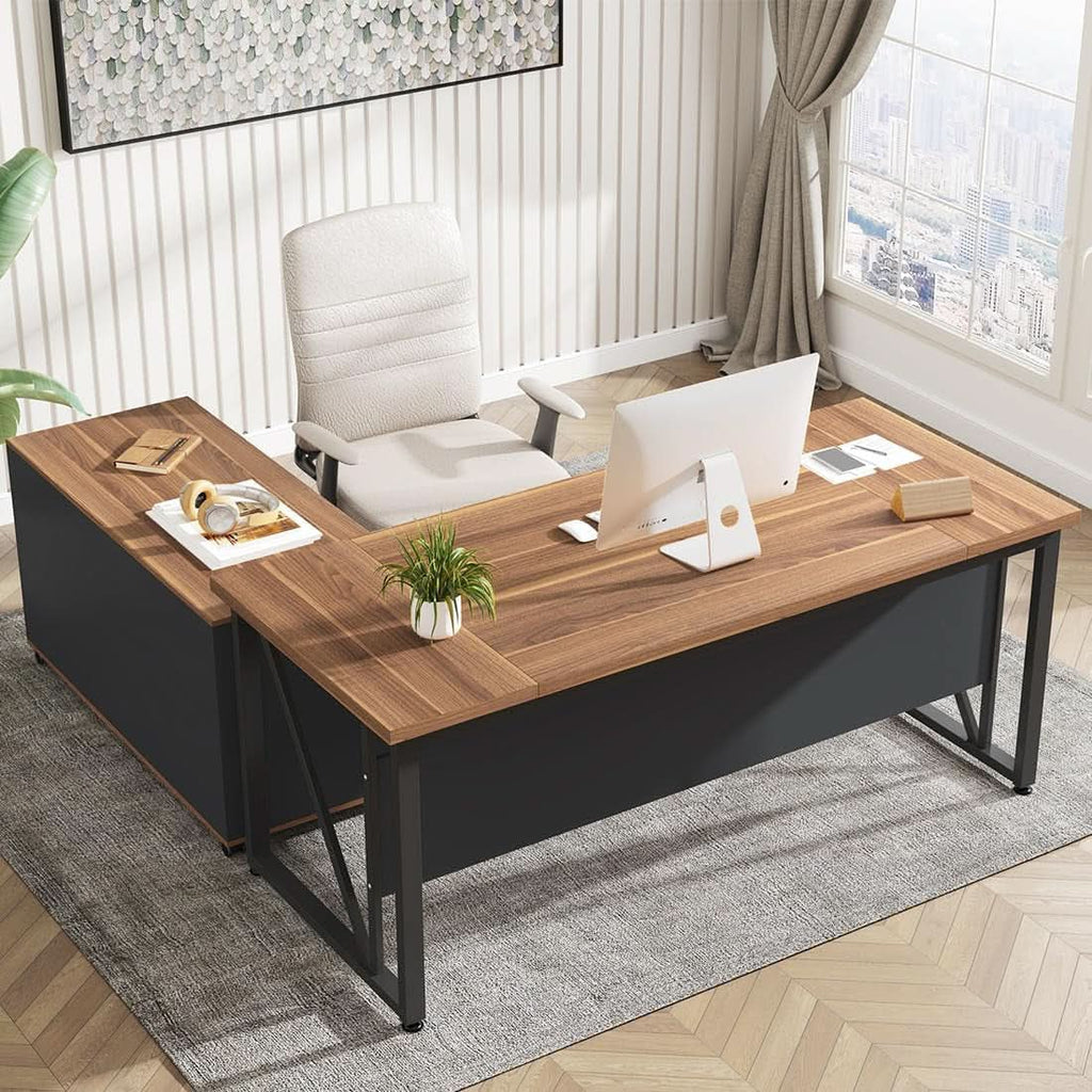 63 Inch L Shaped Desk With 47 Inch File Cabinet Brown Black