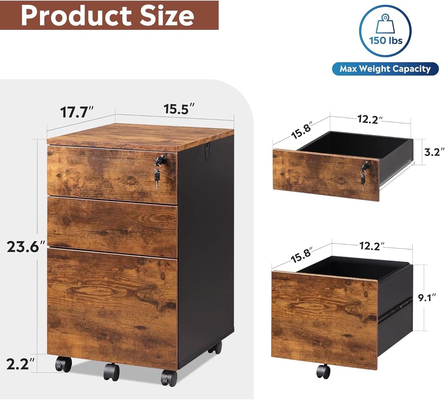 3 Drawer Rolling File Cabinet With Lock For Home Office Organization And Secure Document Storage