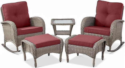 5 Piece Patio Rocking Chairs Set With Wicker Ottomans