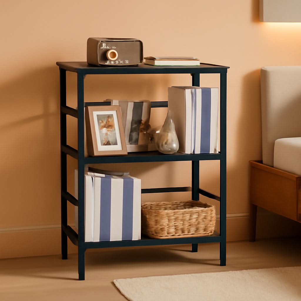 Three Tier Bookshelf Industrial Bookcase And Record Storage Rack With Side Fence Black Metal Frame Rustic Wood