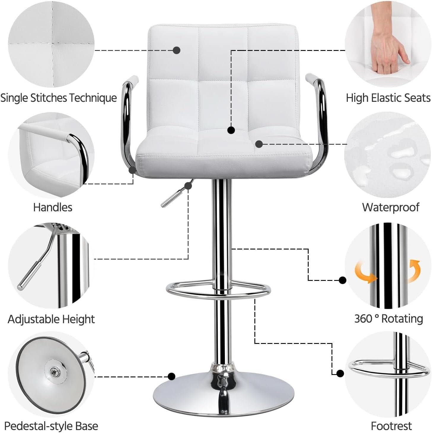 White PU Leather Adjustable Swivel Bar Stools Set of 2