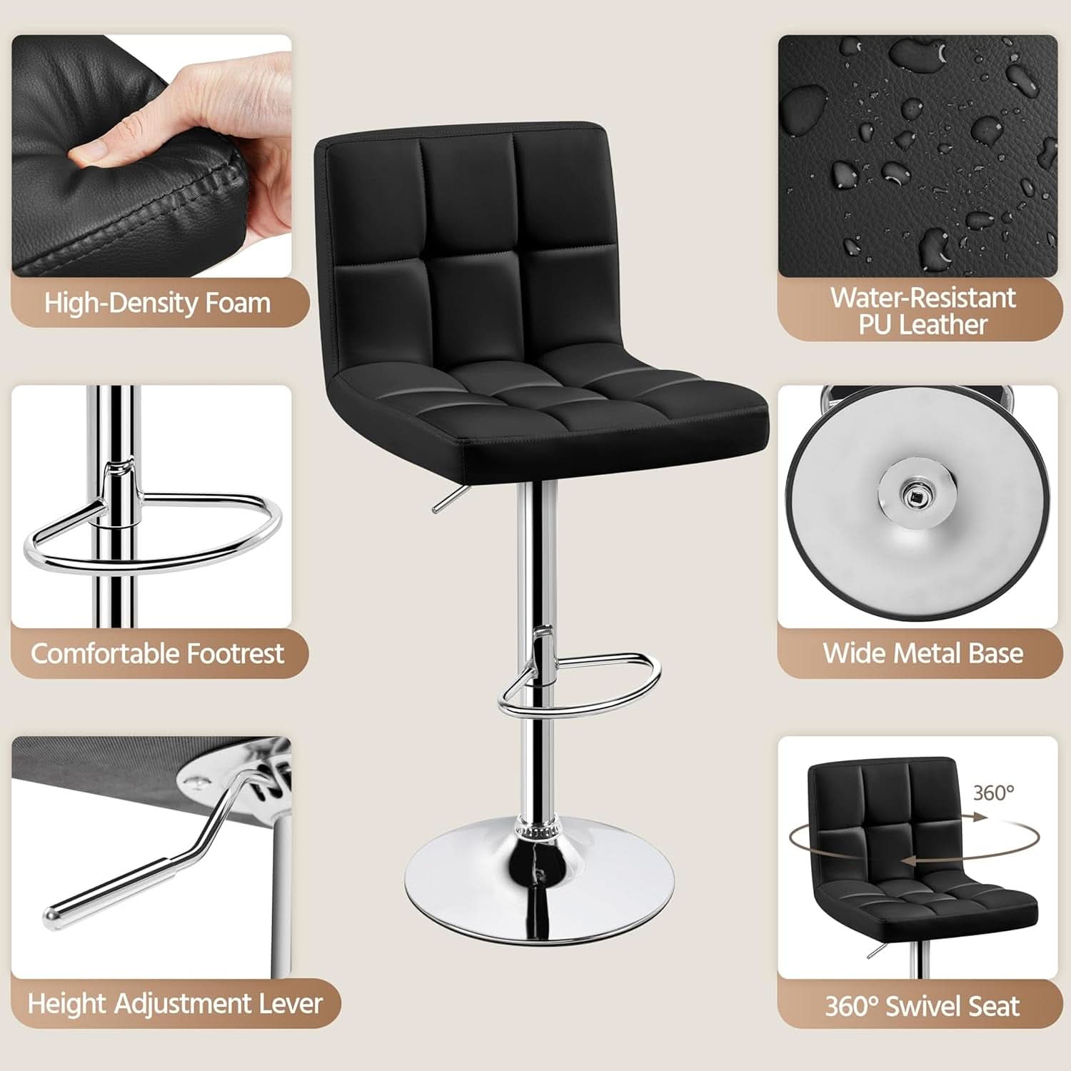 Set Of 2 Adjustable Black PU Leather Swivel Bar Stools