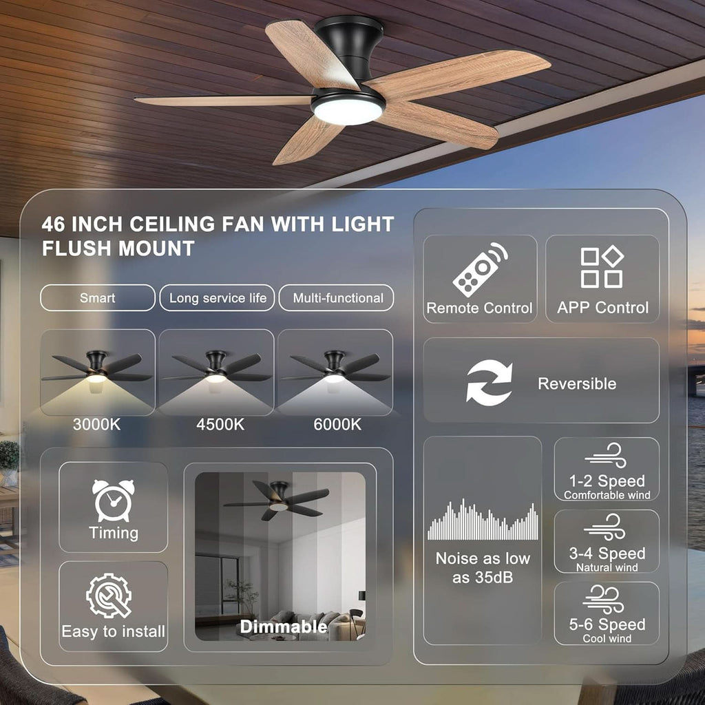 46 Inch Flush Mount Ceiling Fan With Dimmable Lights