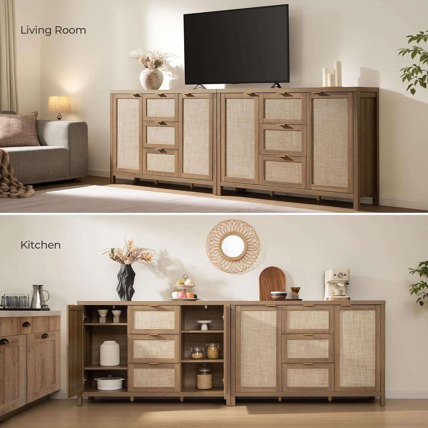 Caramel Oak Rattan Large Sideboard Buffet Storage Cabinet