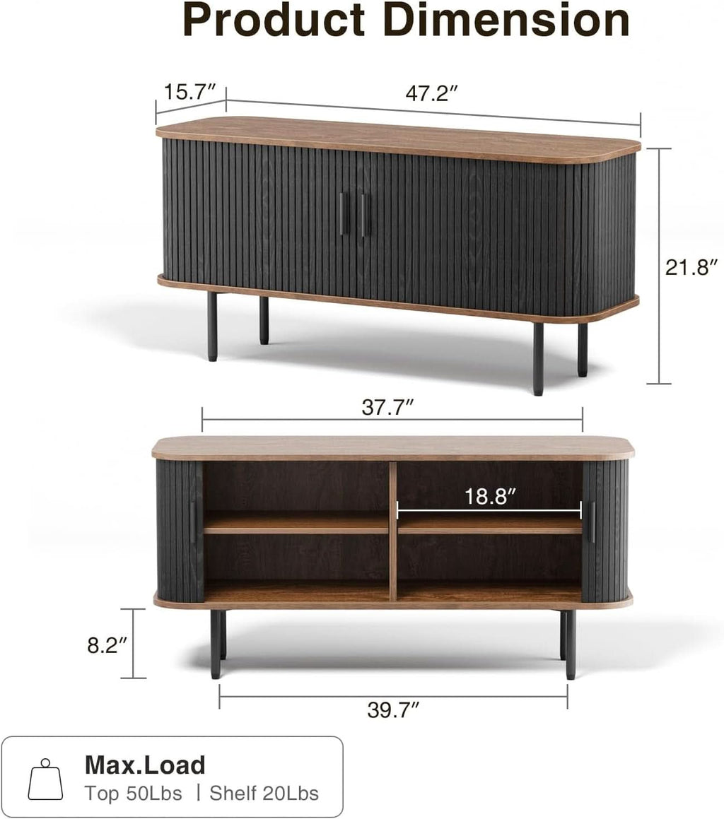 47 Inch Black TV Stand With Sliding Doors And Storage