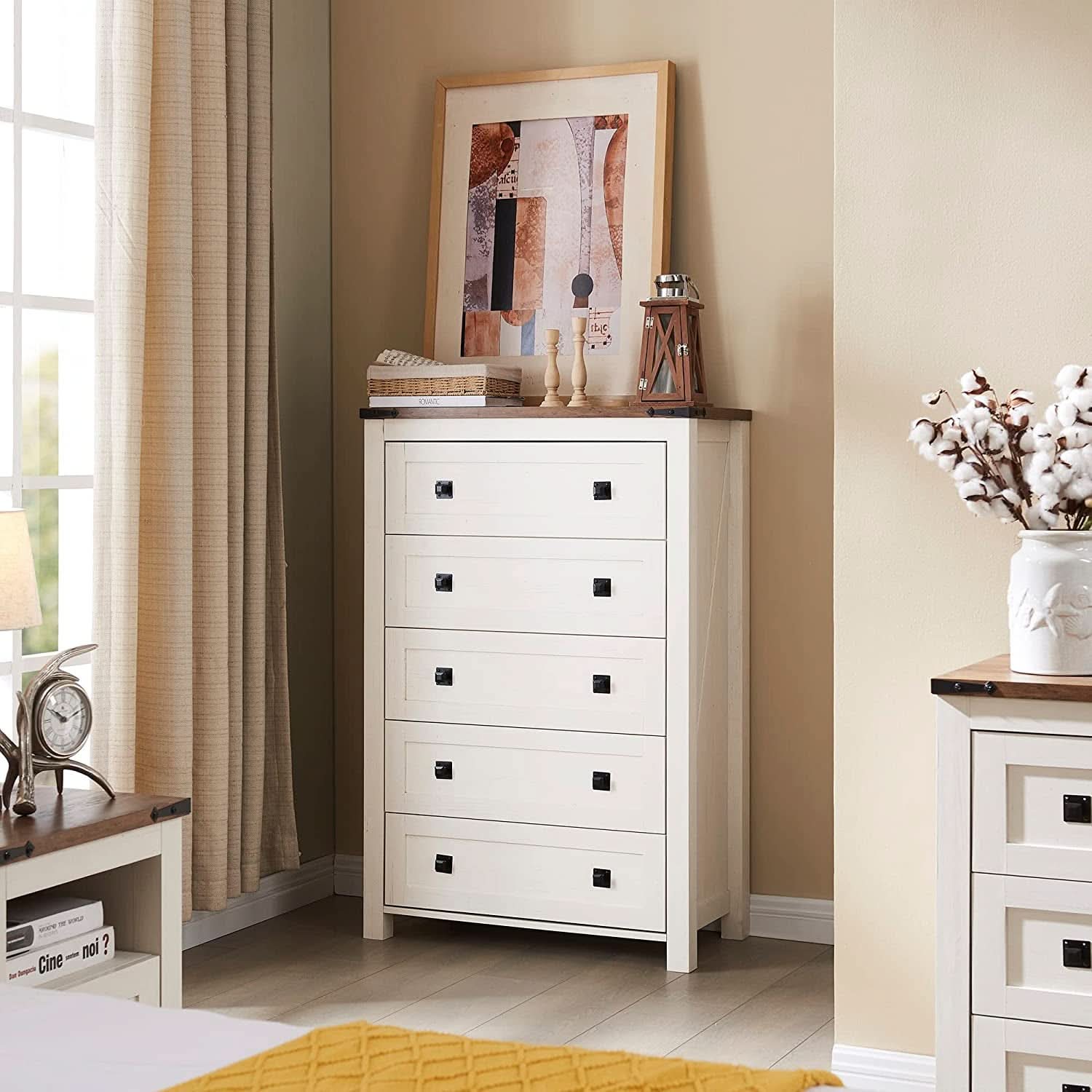 Antique White Rustic 5 Drawer Dresser For Bedroom Storage