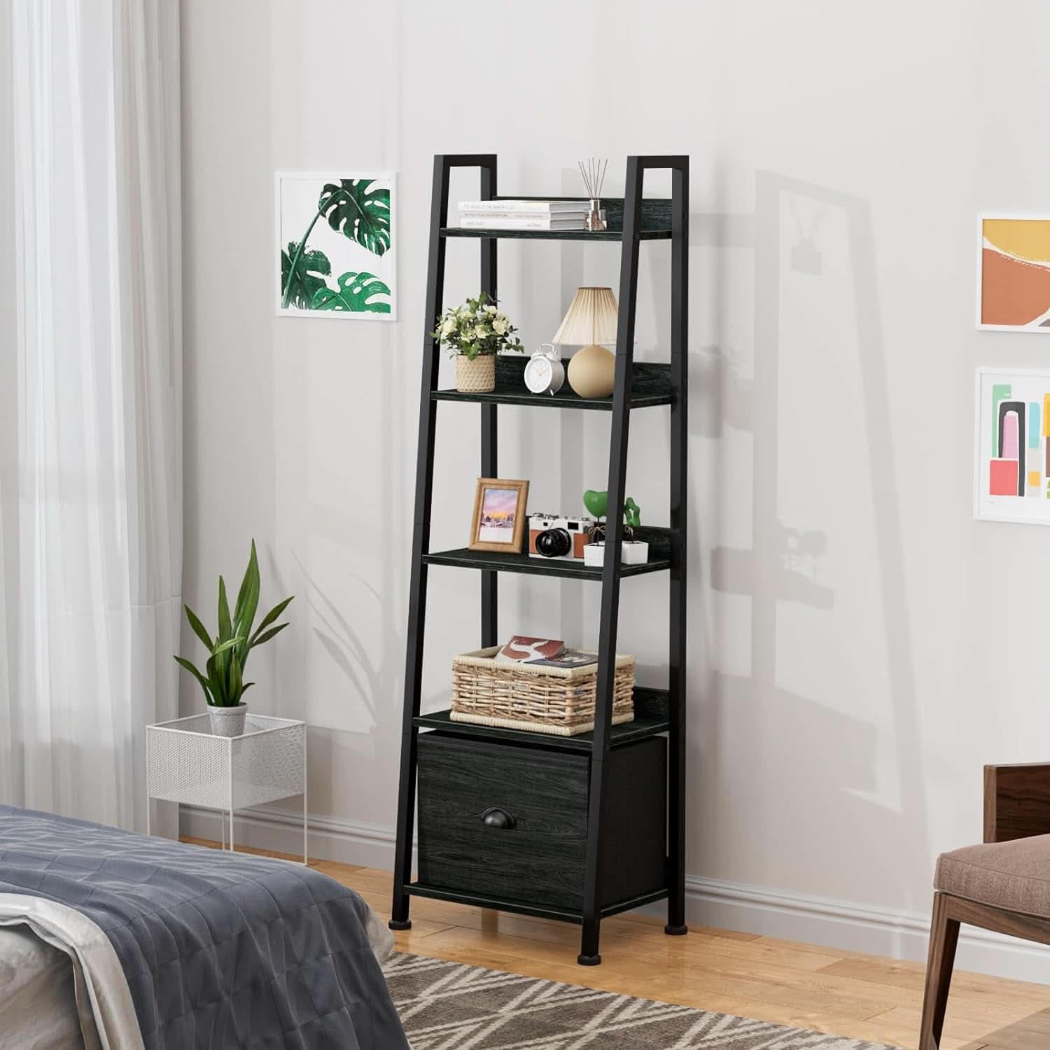 5 Tier Ladder Shelf With Drawer Narrow Black Oak Finish