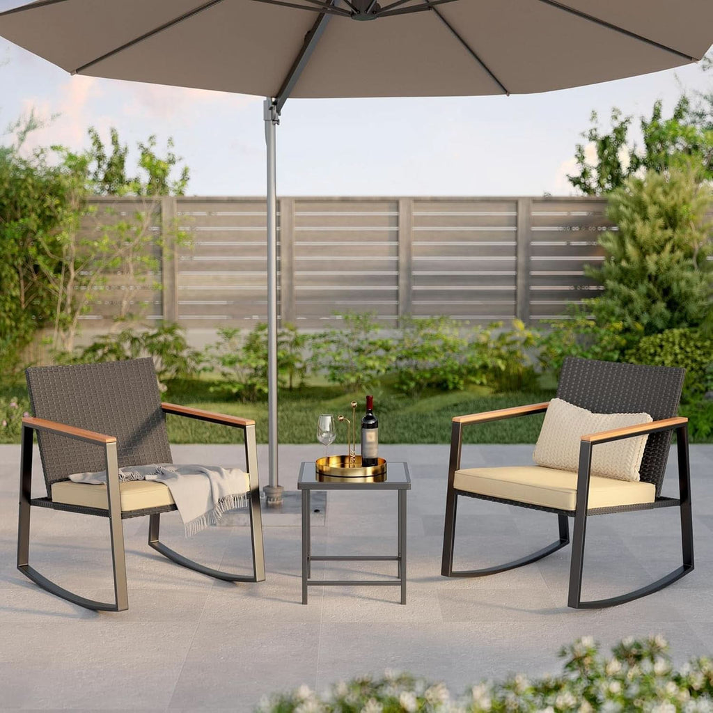 3 Piece Rocking Patio Bistro Set With Anti Scald Armrests Glass Table Cushions Outdoor Wicker Furniture