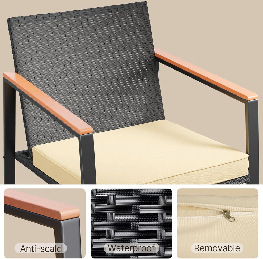 3 Piece Rocking Patio Bistro Set With Anti Scald Armrests Glass Table Cushions Outdoor Wicker Furniture