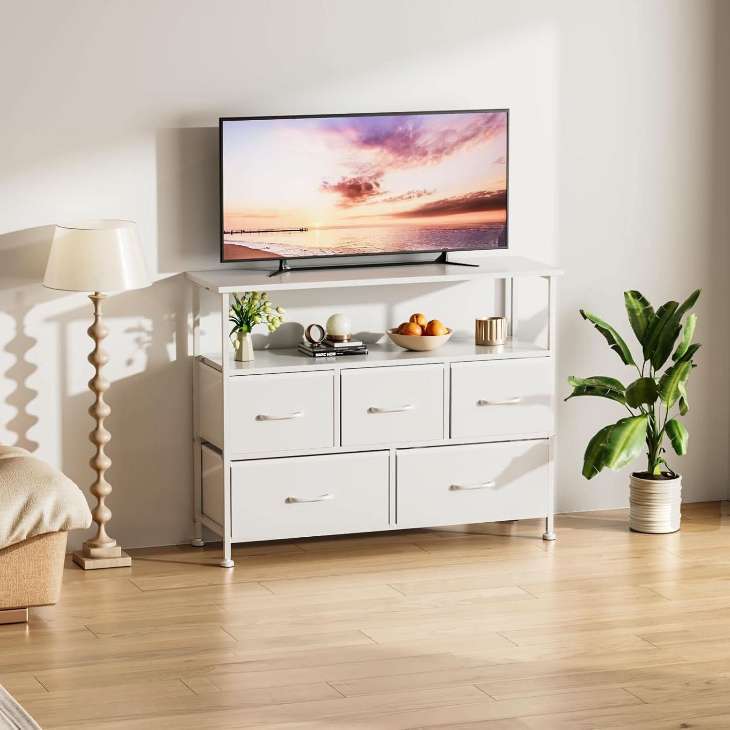 TV Stand Dresser With 5 Fabric Drawers White Wood Top