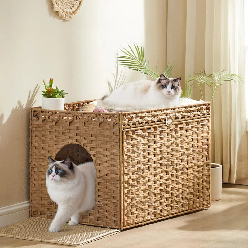 Boho Handwoven Rattan Hidden Litter Box Furniture — Washable Tray & Litter Mat Included