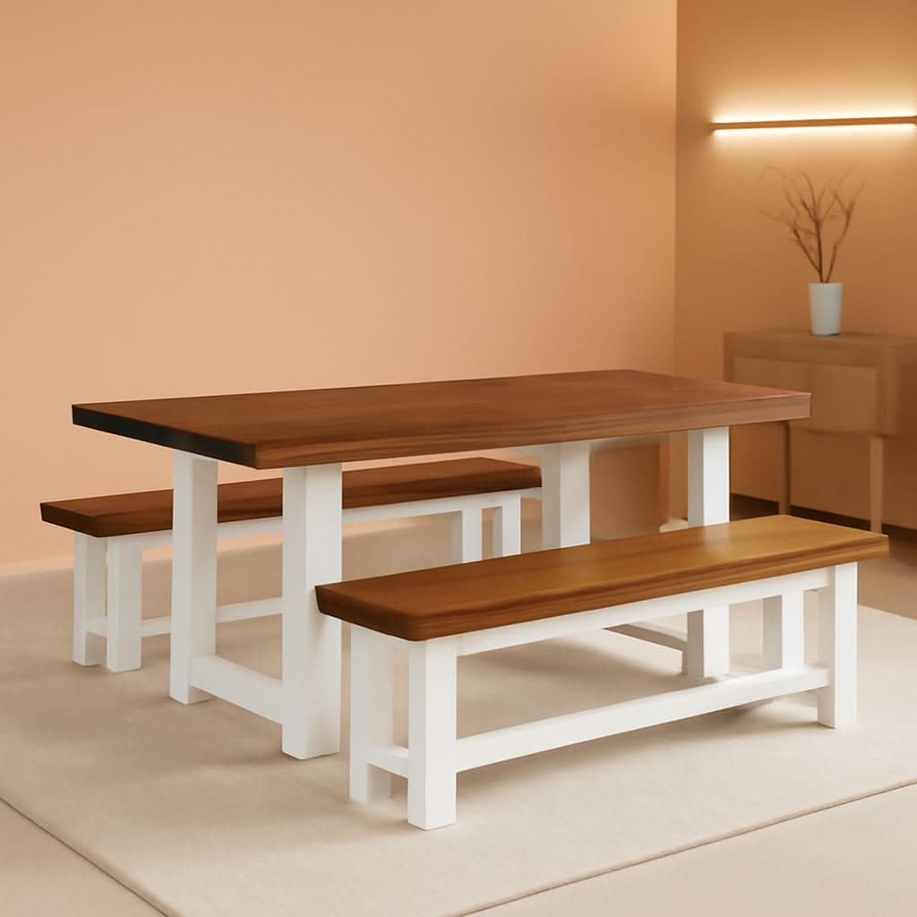 47 Inch Dining Table Set For 4 With 2 Benches Farmhouse White And Rustic Brown