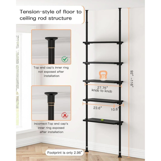 5 Tier Narrow Ladder Bookshelf With Floor To Ceiling Mount