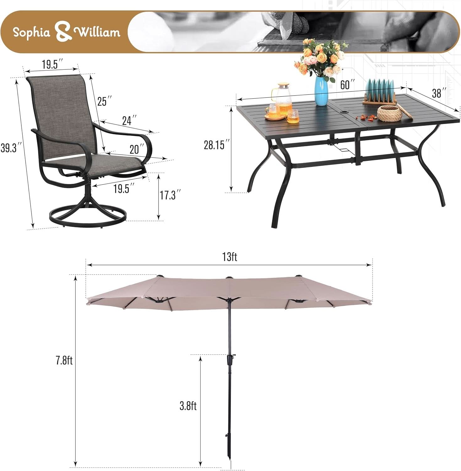 8 Piece Patio Dining Set For 6 With 13 Foot Beige Umbrella