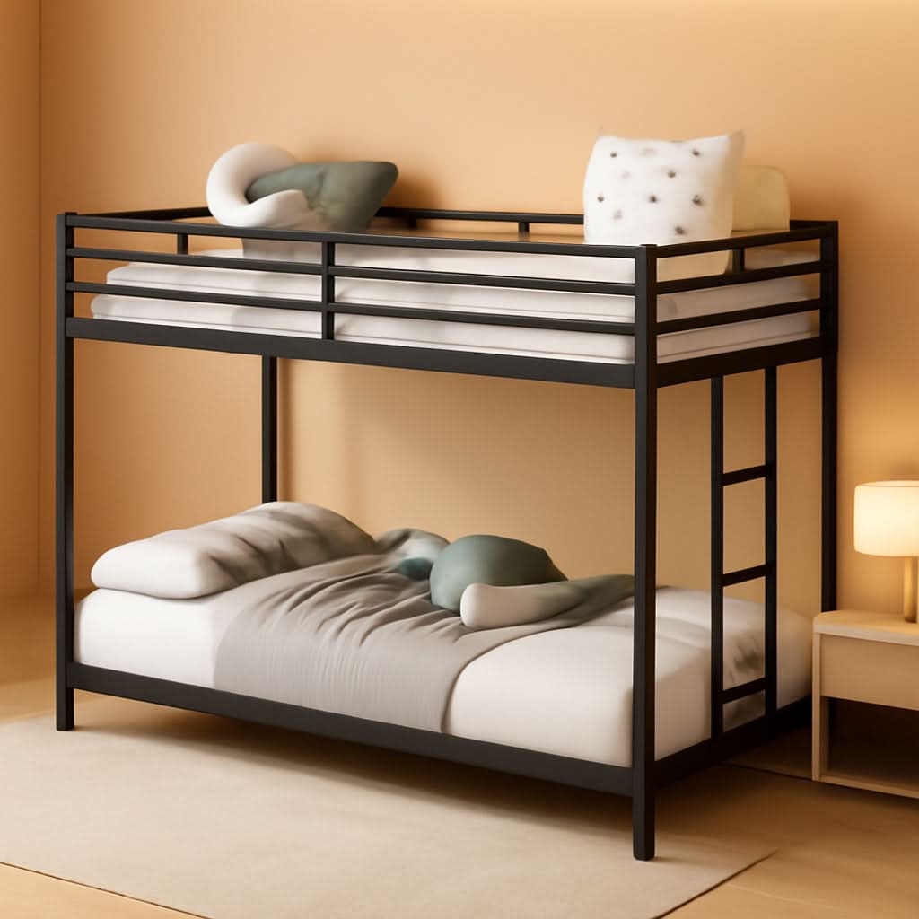 Twin Over Twin Metal Low Profile Bunk Bed With Guardrails And Ladder Black