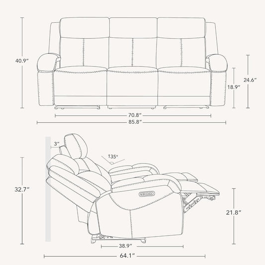 Navy Genuine Leather Power Recliner Sofa With USB Type C