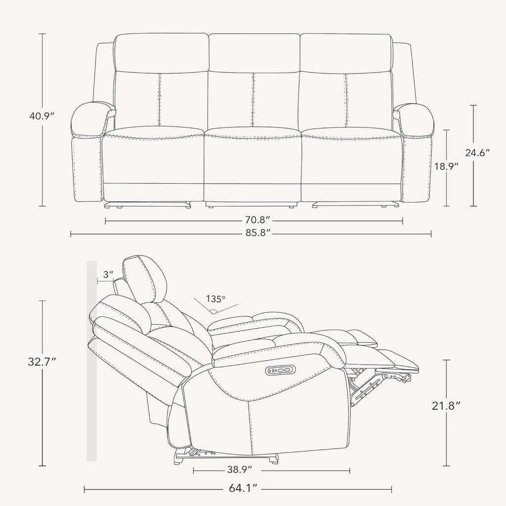 Genuine Leather Power Recliner Sofa 3 Seater USB Ports