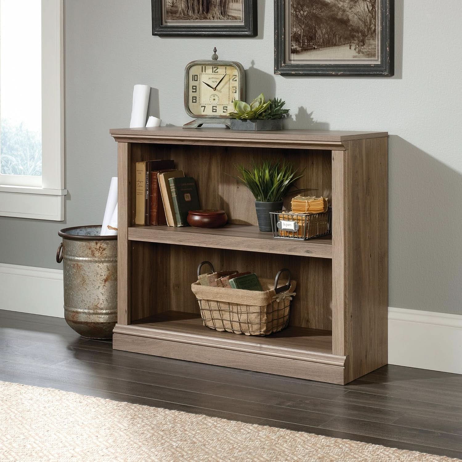 Two Tier Wooden Bookcase Salt Oak Multipurpose Bookshelf For Home Office And Living Room