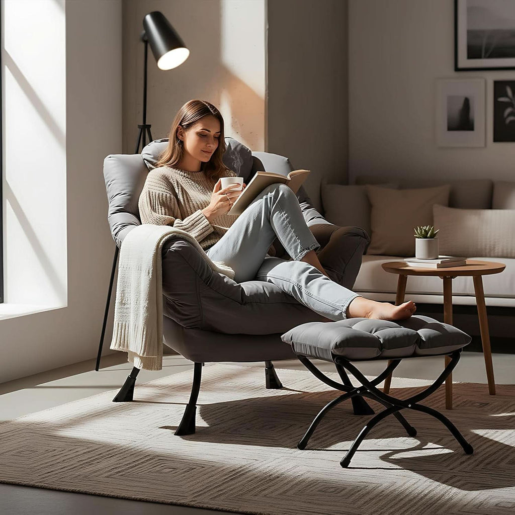 Dark Grey Lazy Chair With Ottoman Footrest And Side Pocket