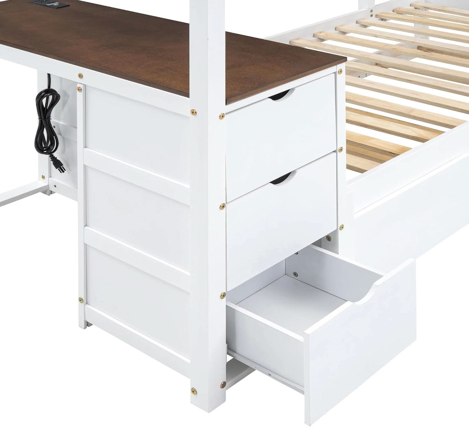 Twin Over Twin Bunk Bed With Desk USB Ports White Walnut
