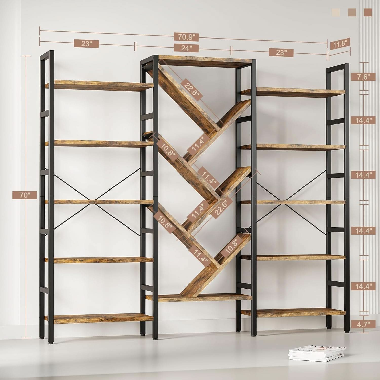 Rustic Brown 5 Tier Wooden Bookcase With Metal Frame
