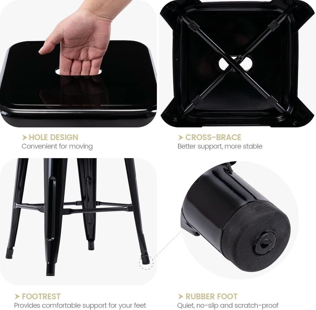 24 Inch Black Metal Bar Stools Set of 2 Backless Indoor Outdoor Square Seat Counter Height