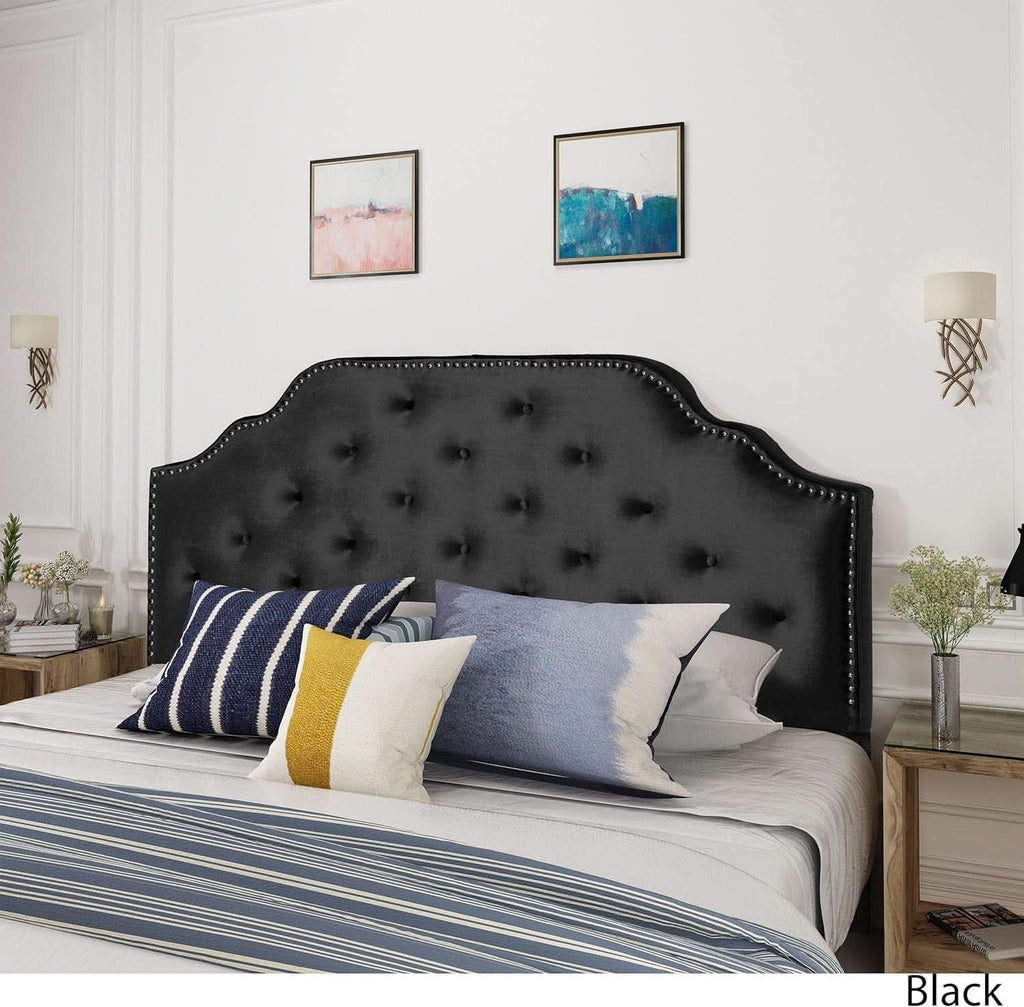 Contemporary Black Velvet Headboard with Button Tufted Design