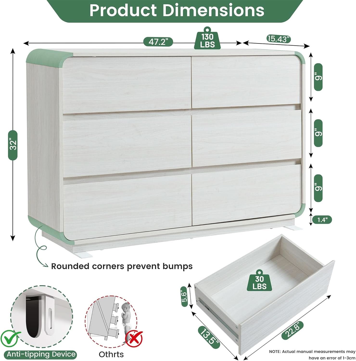 47 Inch White Dresser With Six Drawers Anti Tip Design