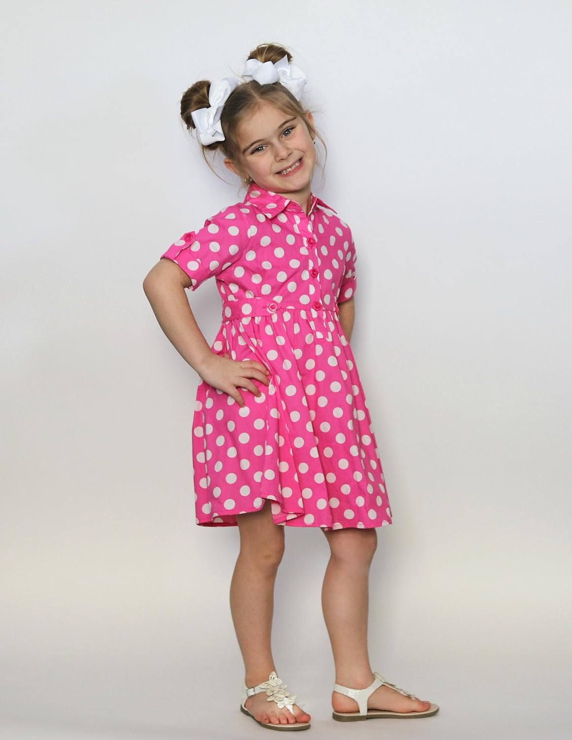 - Toddlers and Girls Light Cotton Sweetheart Shirt Dress in Polka Dot Pink 4T