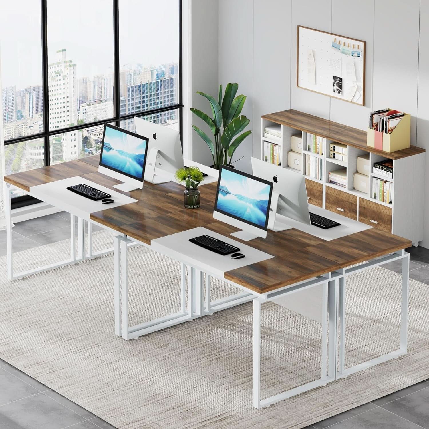 63 Inch L Shaped Desk Reversible Cabinet Natural Oak Wood Finish